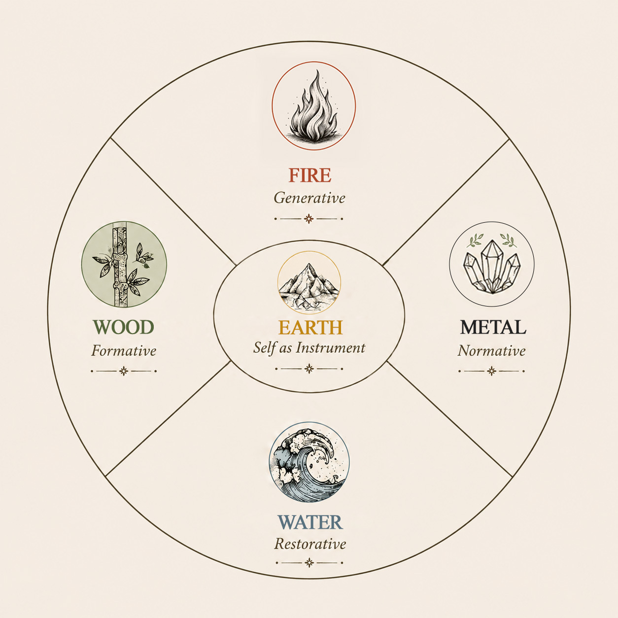 Infographic of the four pillars of coaching supervision — fire generative, metal normative, water restorative, wood formative, earth self as instrument